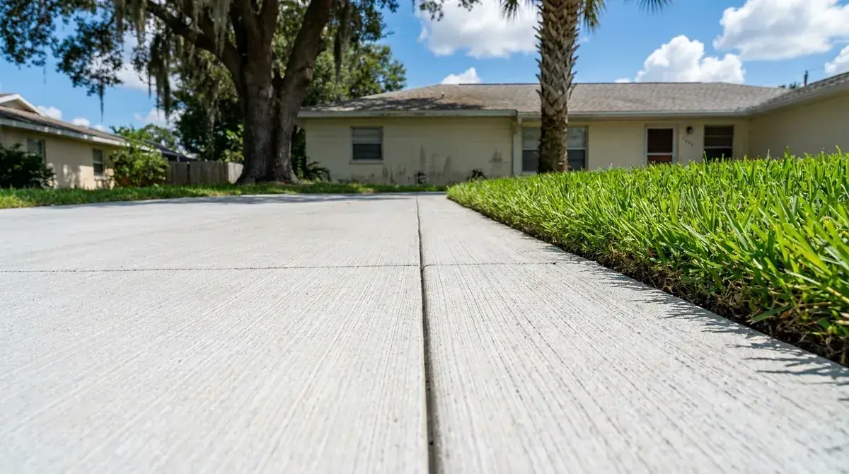 Close view of a broom-finish concrete driveway with a control joint and grass edge, driveway cost guide for Port Orange