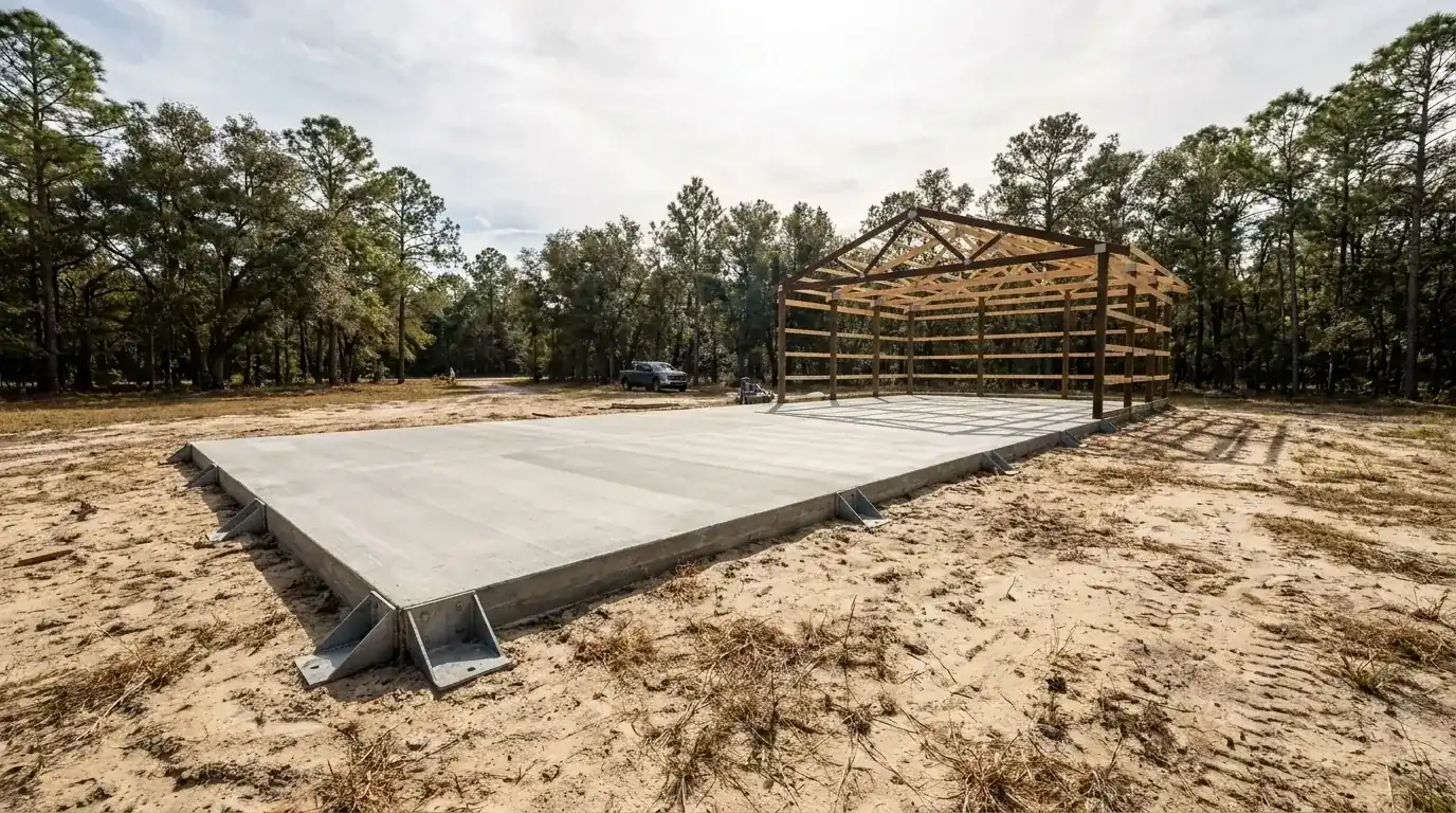 Concrete slab with anchor brackets in front of a steel building frame, concrete work in Lake Helen, FL