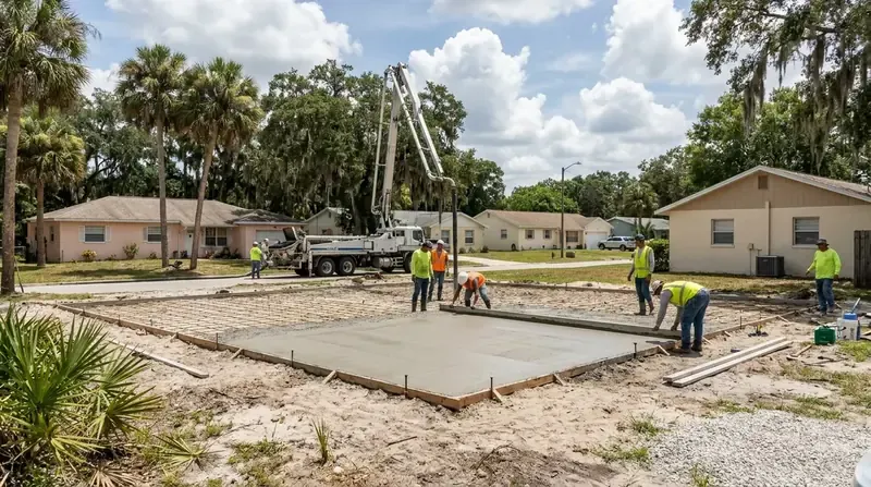 Crew placing a concrete slab from a pump truck beside a single-story home, concrete work in Port Orange, FL