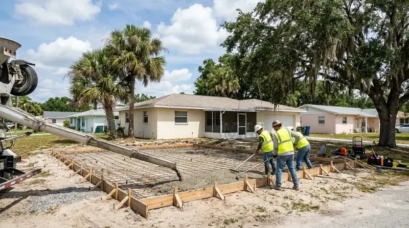 Crew screeding a fresh concrete slab inside wood forms on a sandy lot, foundation work in Flagler Beach, FL