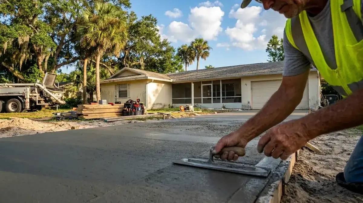 Finisher working the edge of fresh concrete with a hand tool, concrete work in Ponce Inlet, FL