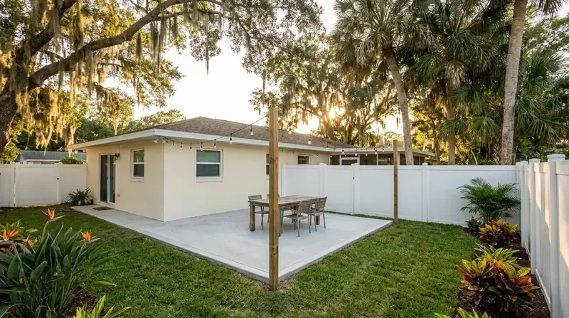 Plain concrete backyard patio with a dining table behind a white house, concrete work in Spruce Creek, FL